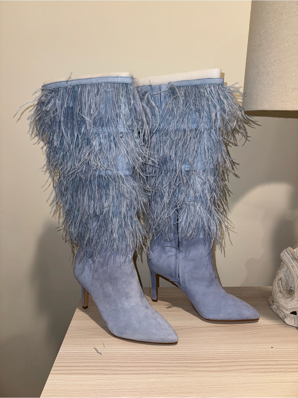 Gianni Bini Feather-Trim Powder Blue Knee Boots